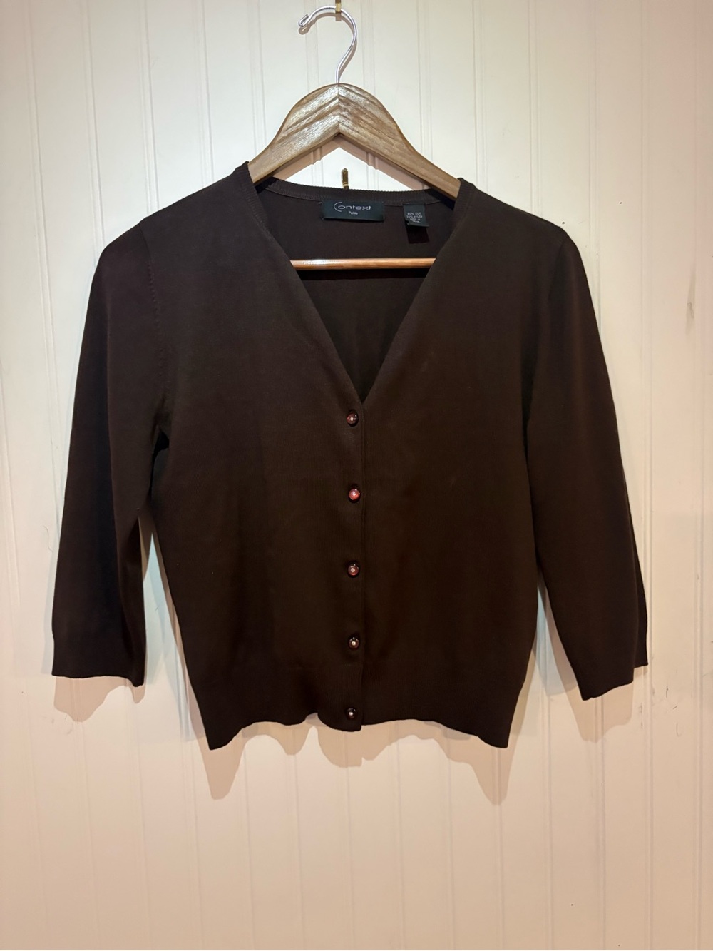 Context Petite  Women's Dark Brown V-Neck Button Cardigan EUC